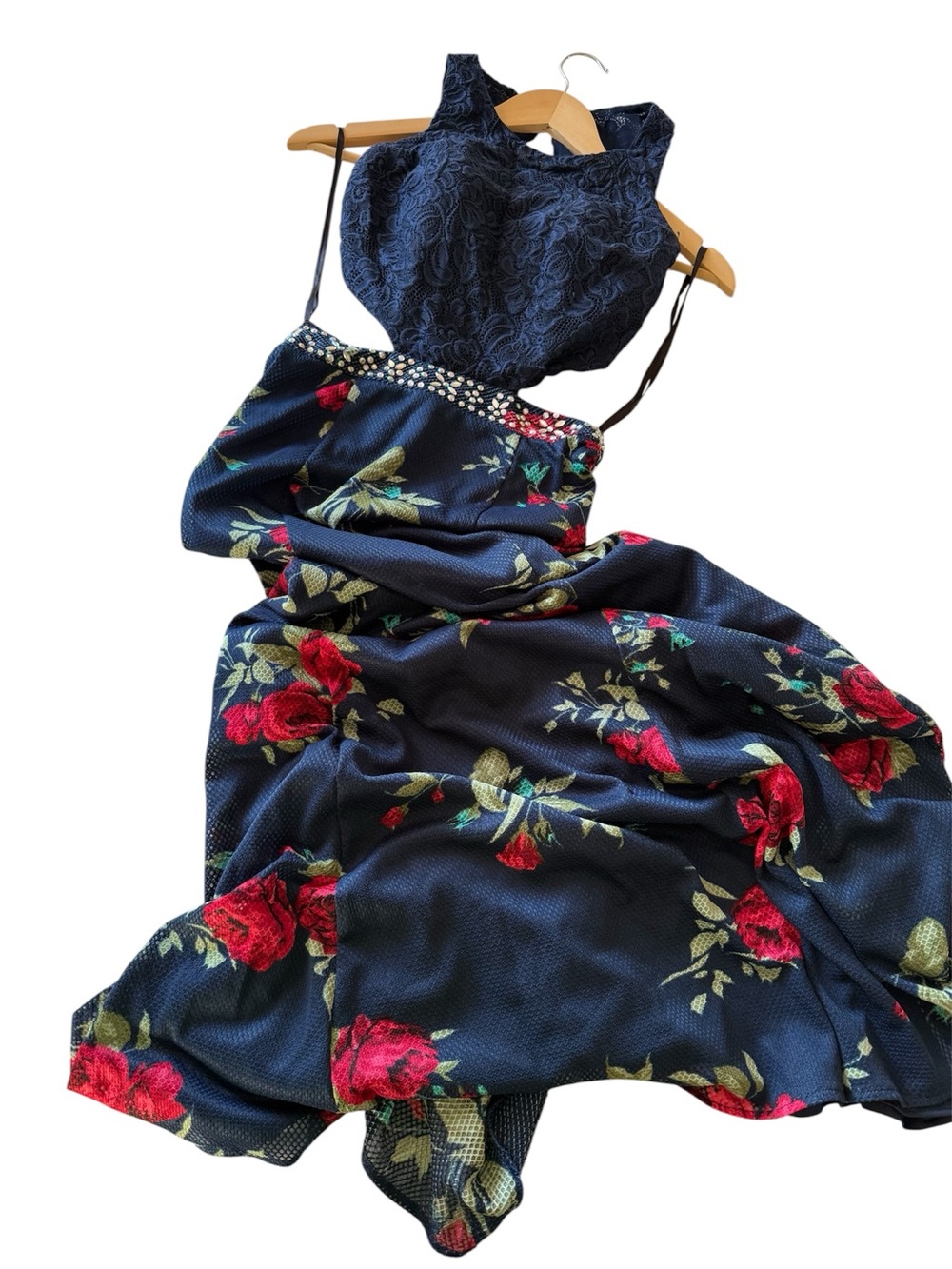 Elegant Navy Floral Maxi Nightdress with Red Rose Print